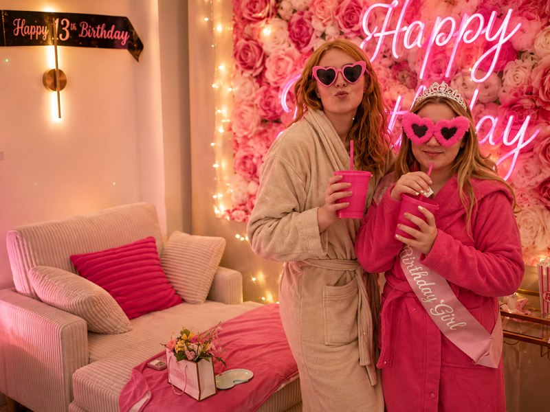 Two guests celebrating a birthday at the rose wall